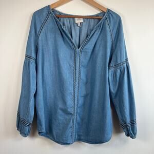 Knox Rose Chambray Peasant Top Blue Embroidered Long Sleeve Boho Blouse Size M